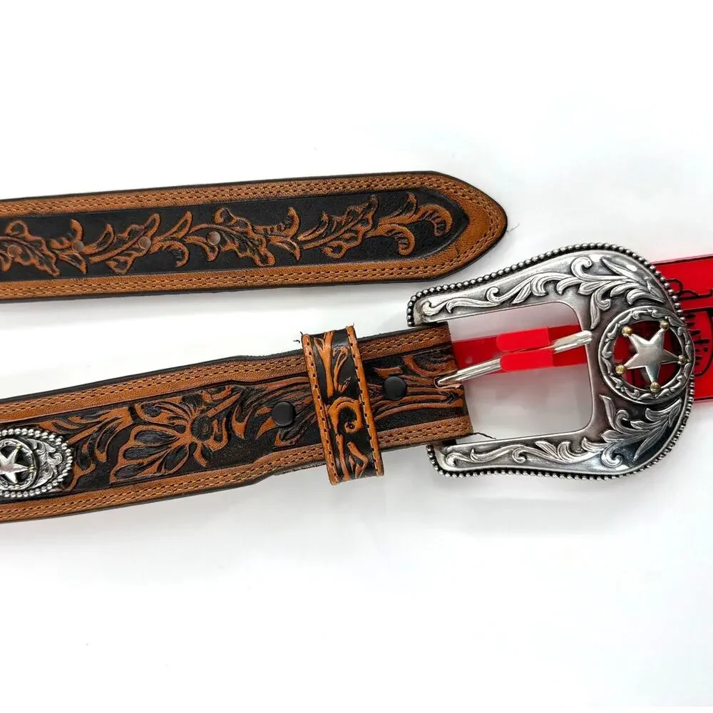 Justin Men's Tan Floral 5 Star Ranch Tooled Western Belt Size 32